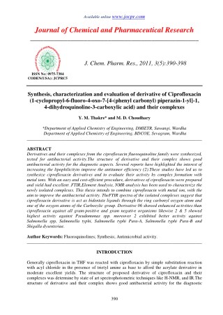 Synthesis, characterization and evaluation of derivative of Ciprofloxacin (1-cyclopropyl-6-fluoro-4-oxo-7-[4-(phenyl car