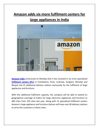 Amazon Adds Six More Fulfilment Centers for Large Appliances in India