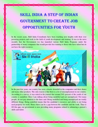 Skill india a step of indian government to create job opportunities for youth