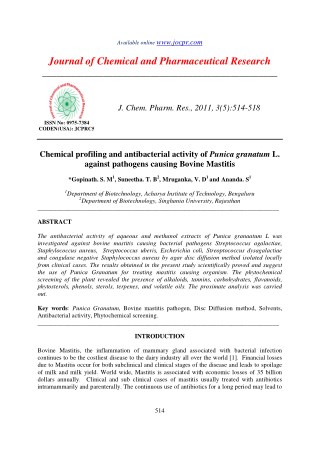 Chemical profiling and antibacterial activity of Punica granatum L. against pathogens causing Bovine Mastitis