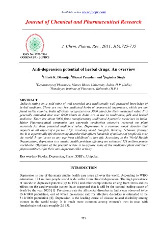 Anti-depression potential of herbal drugs: An overview