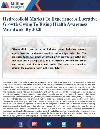 Hydrocolloid Market To Experience A Lucrative Growth Owing To Rising Health Awareness Worldwide By 2020