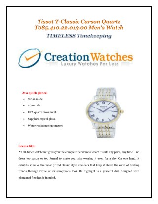 Tissot T-Classic Carson Quartz T085.410.22.013.00 Men's Watch