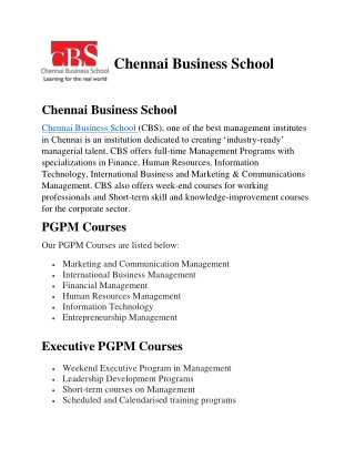 Best PGPM Courses in Chennai- Chennai Business School