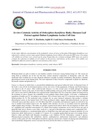 In-vitro Cytotoxic Activity of Orthosiphon thymiflorus Roth.) Sleensen Leaf Extract against Dalton Lymphoma Ascites Cell