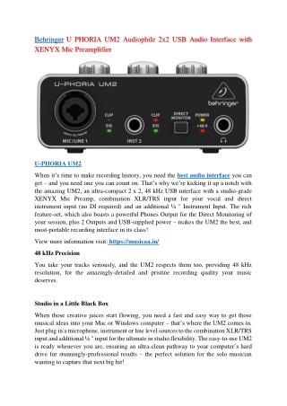 Behringer U PHORIA UM2 Audiophile 2x2 USB Audio Interface With XENYX Mic Preamplifier