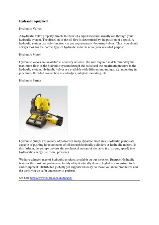 Hydraulic equipment valves & Motor