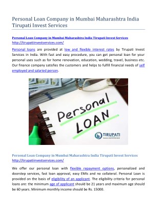 Personal Loan Company in Mumbai Maharashtra India Tirupati Invest Services