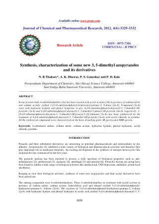 Synthesis, characterization of some new 3, 5-dimethyl azopyrazoles and its derivatives