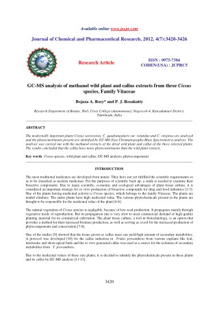 GC-MS analysis of methanol wild plant and callus extracts from three Cissus species, Family Vitaceae