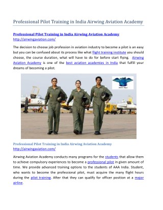 Professional Pilot Training in India Airwing Aviation Academy