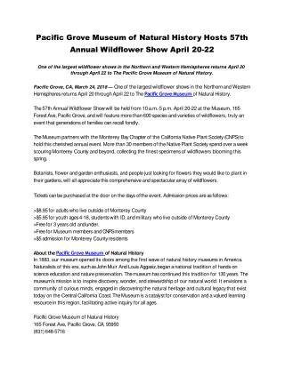 Pacific Grove Museum of Natural History Hosts 57th Annual Wildflower Show April 20-22