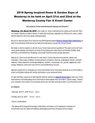 2018 Spring Inspired Home & Garden Expo of Monterey to be held on April 21st and 22nd at the Monterey County Fair & Even