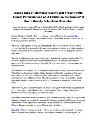 Dance Kids of Monterey County Will Present Fifth Annual Performances of â€˜A Folklorico Nutcrackerâ€™