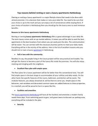 Top reasons behind renting or own a luxury apartments Hattiesburg