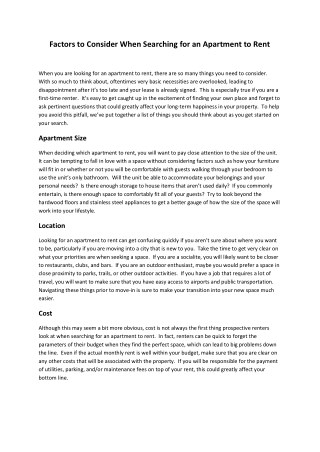 Factors to Consider When Searching for an Apartment to Rent