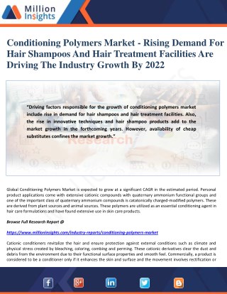 Conditioning Polymers Market - Rising Demand For Hair Shampoos And Hair Treatment Facilities Are Driving The Industry Gr