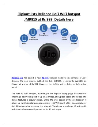 Flipkart lists Reliance JioFi WiFi hotspot JMR815 at Rs 999: Details here