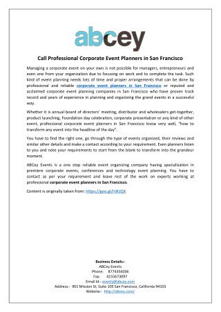 Call Professional Corporate Event Planners in San Francisco