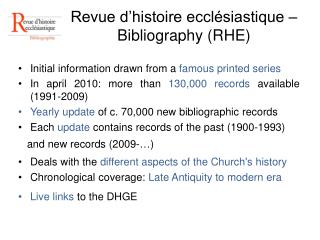 Revue d’histoire ecclésiastique – Bibliography ( RHE )