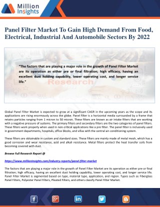 Panel Filter Market To Gain High Demand From Food, Electrical, Industrial And Automobile Sectors By 2022