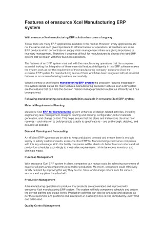 Features of eresource Xcel Manufacturing ERP system