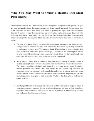 Why You May Want to Order a Healthy Diet Meal Plan Online