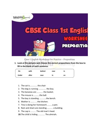 Class 1 English Worksheet for Practice - Preposition | Takshilalearning