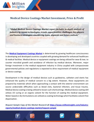 Medical Device Coatings Market Investment, Price & Profit