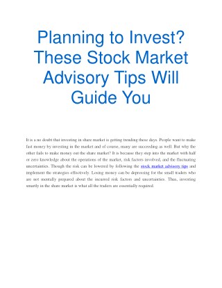 Planning to Invest? These Stock Market Advisory Tips Will Guide You