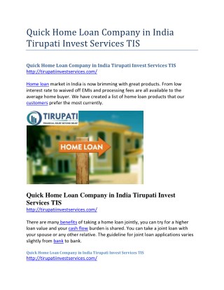 Quick Home Loan Company in India Tirupati Invest Services TIS