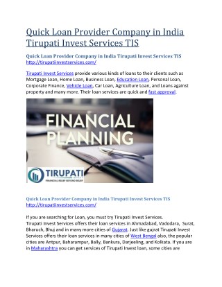 Quick Loan Provider Company in India Tirupati Invest Services TIS