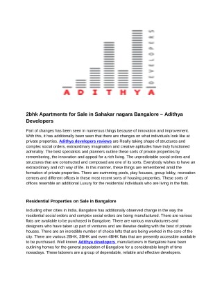 2bhk Apartments for Sale in Sahakar nagara Bangalore â€“ Adithya Developers