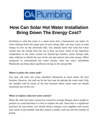 How Can Solar Hot Water Installation Bring Down The Energy Cost?