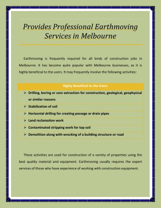 Provides Professional Earthmoving Services in Melbourne
