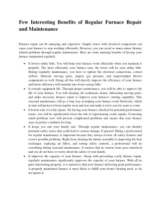 Few Interesting Benefits of Regular Furnace Repair and Maintenance