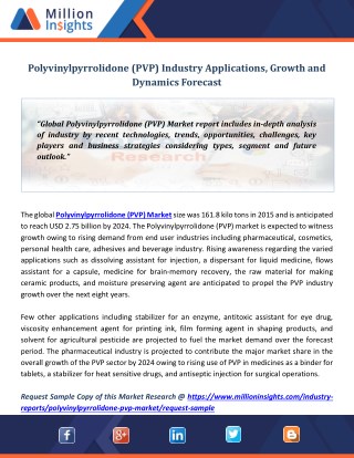 Polyvinylpyrrolidone (PVP) Industry Applications, Growth and Dynamics Forecast