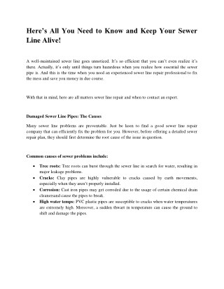 Hereâ€™s All You Need to Know and Keep Your Sewer Line Alive!