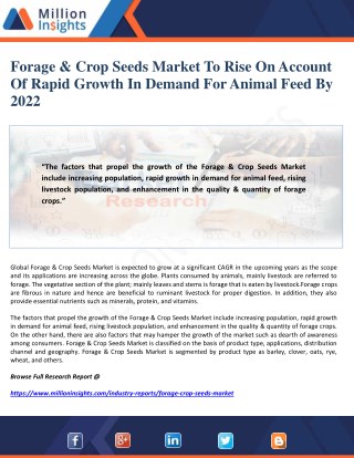 Forage & Crop Seeds Market To Rise On Account Of Rapid Growth In Demand For Animal Feed By 2022