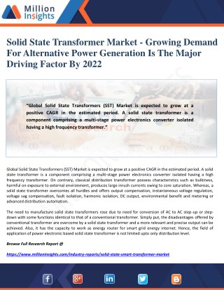 Solid State Transformer Market - Growing Demand For Alternative Power Generation Is The Major Driving Factor By 2022