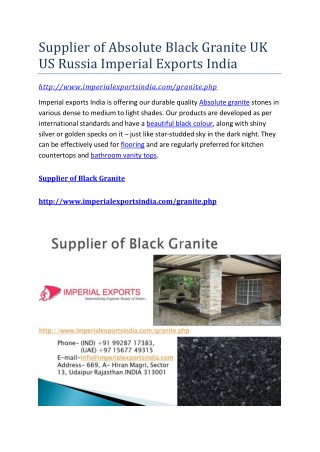 Supplier of Absolute Black Granite UK US Russia Imperial Exports India