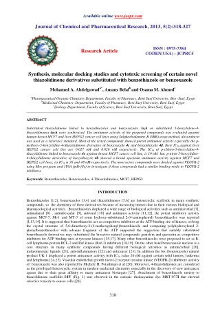 Synthesis, molecular docking studies and cytotoxic screening of certain novel thiazolidinone derivatives substituted wit