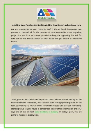Installing Solar Panel on the Roof Can Add to Your Homeâ€™s Value: Know How