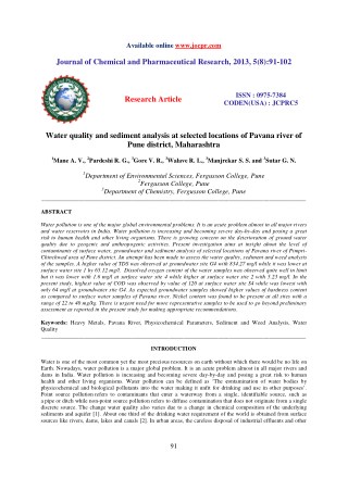 Water quality and sediment analysis at selected locations of Pavana river of Pune district, Maharashtra