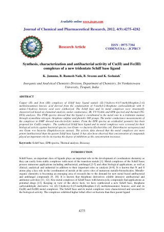 Synthesis, characterization and antibacterial activity of Cu(II) and Fe(III) complexes of a new tridentate Schiff base l