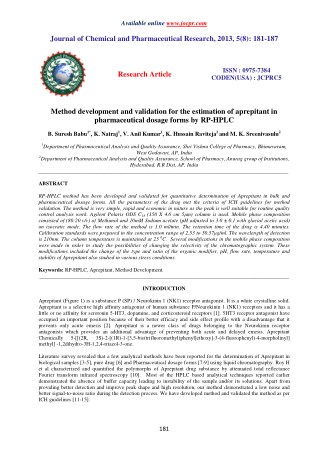 Method development and validation for the estimation of aprepitant in pharmaceutical dosage forms by RP-HPLC