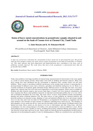 Status of heavy metal concentrations in groundwater samples situated in and around on the bank of Cooum river at Chennai