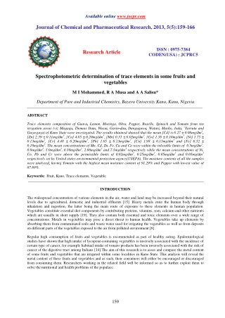 Spectrophotometric determination of trace elements in some fruits and vegetables