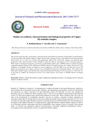 Studies on synthesis, characterization and biological properties of Copper (II)-embelin complex