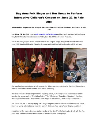 Bay Area Folk Singer and Her Group to Perform Interactive Childrenâ€™s Concert on June 22, in Palo Alto